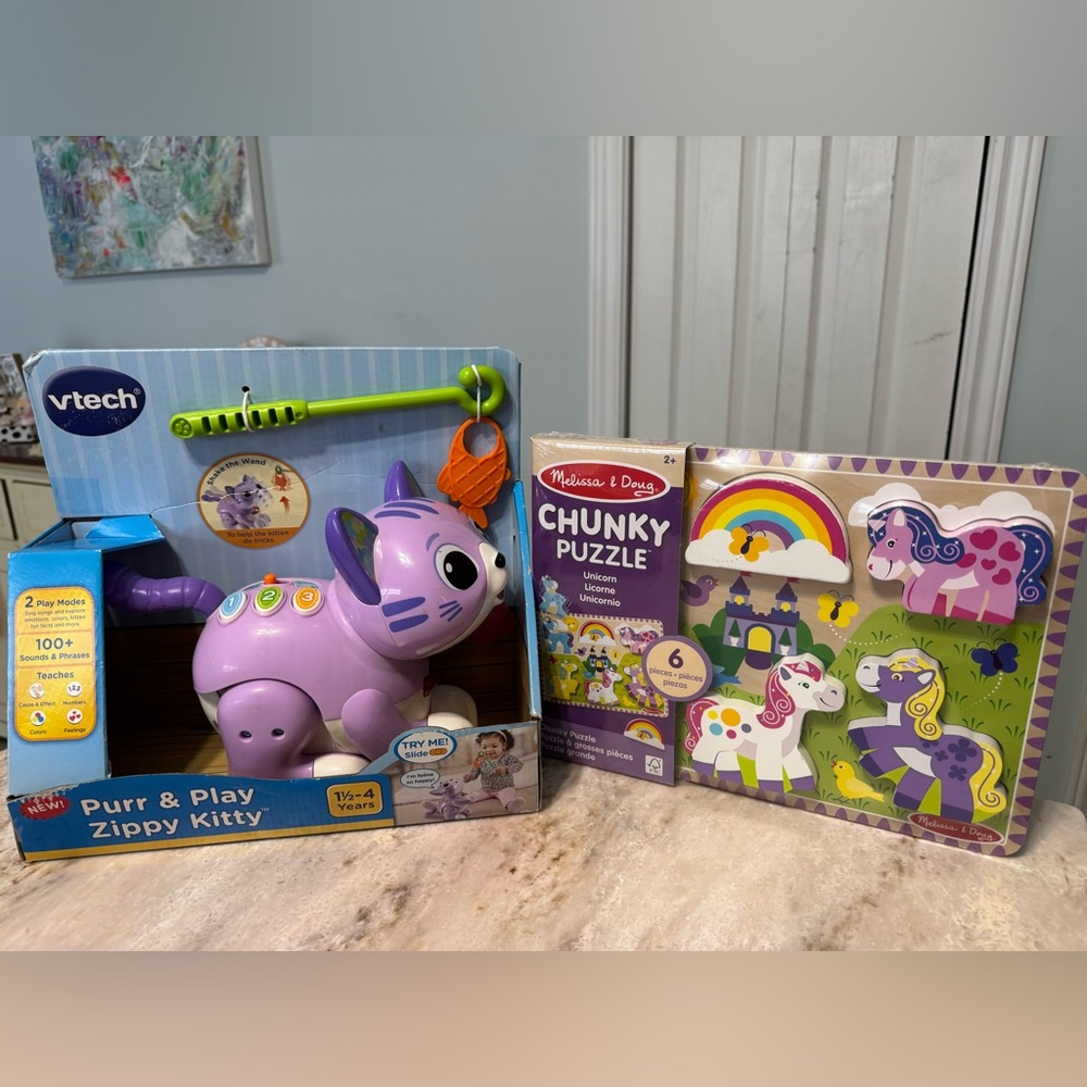 Melissa & Doug Purple Kitty Toy and Unicorn Chunky Puzzle Set